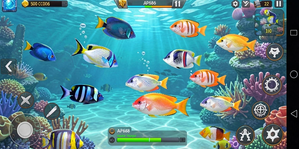 Tampilan gameplay menarik dari AP686 dengan ikan beragam dan senjata yang digunakan.