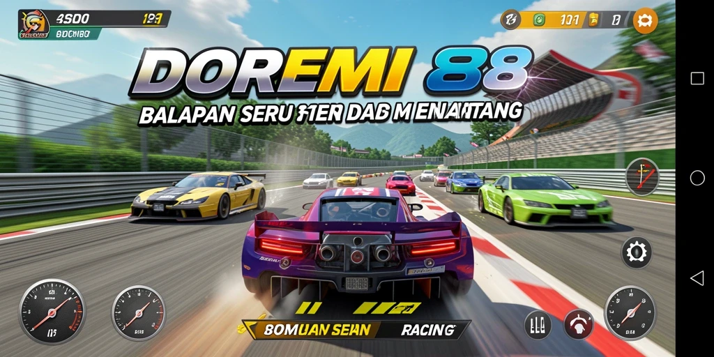 Screenshot utama gameplay DOREMI88 menampilkan aksi balapan yang mendebarkan.