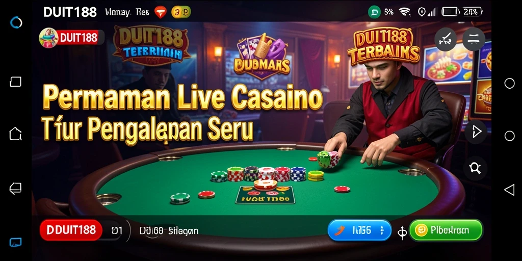 Screenshot gameplay DUIT188 menampilkan dealer langsung dan suasana kasino.