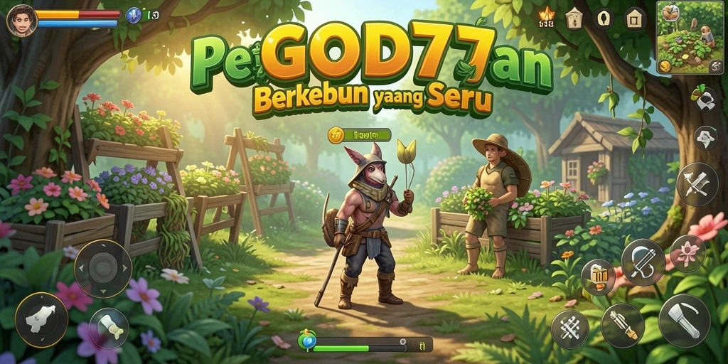 Tangkapan layar menampilkan gameplay seru dari GOD77 dengan kebun yang hijau.