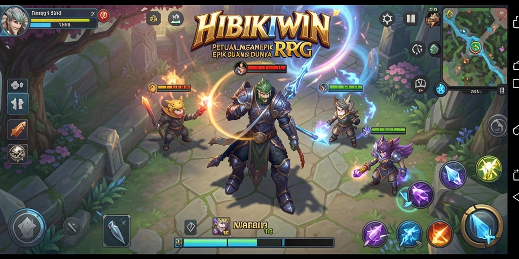 Tangkapan layar utama HIBIKIWIN menampilkan pertarungan seru di dunia RPG.