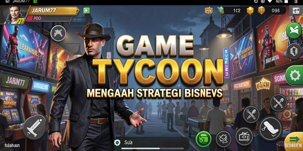 Tampilan utama gameplay JARUM77 dengan manajemen bisnis Tycoon.
