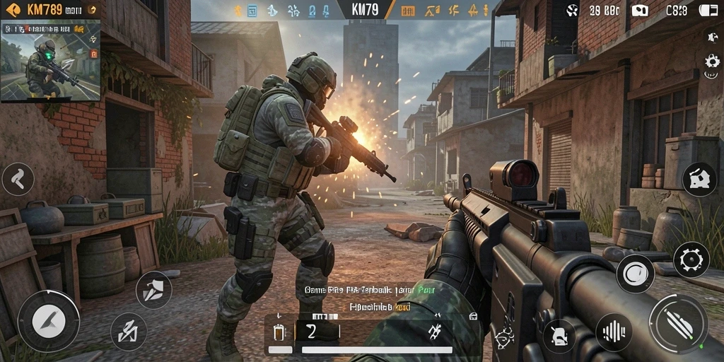 Screenshot gameplay KM789 dengan aksi menembak yang mendebarkan.