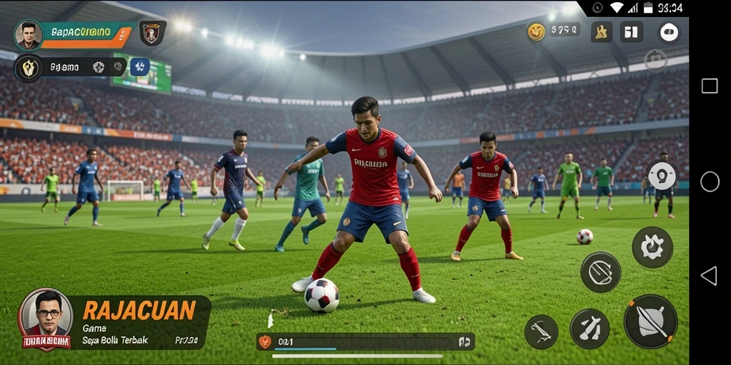 Gameplay RAJACUAN menampilkan aksi sepak bola yang seru.