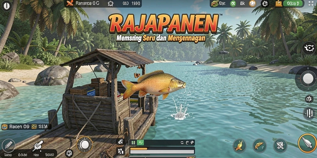 Screenshot gameplay RAJAPANEN menampilkan aksi seru saat memancing.
