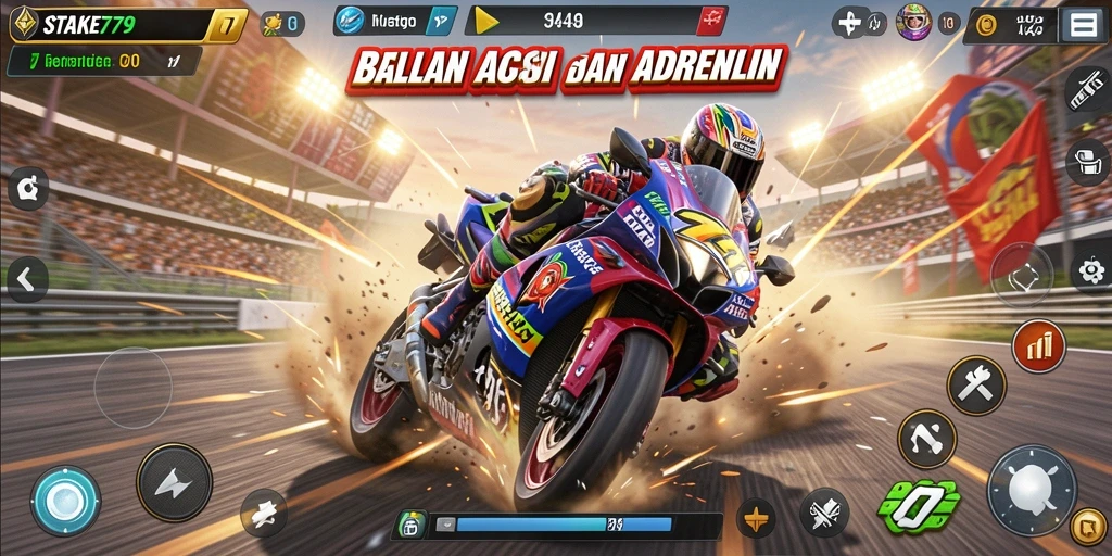 Screenshot dari gameplay STAKE779 yang menampilkan balapan motor penuh aksi.