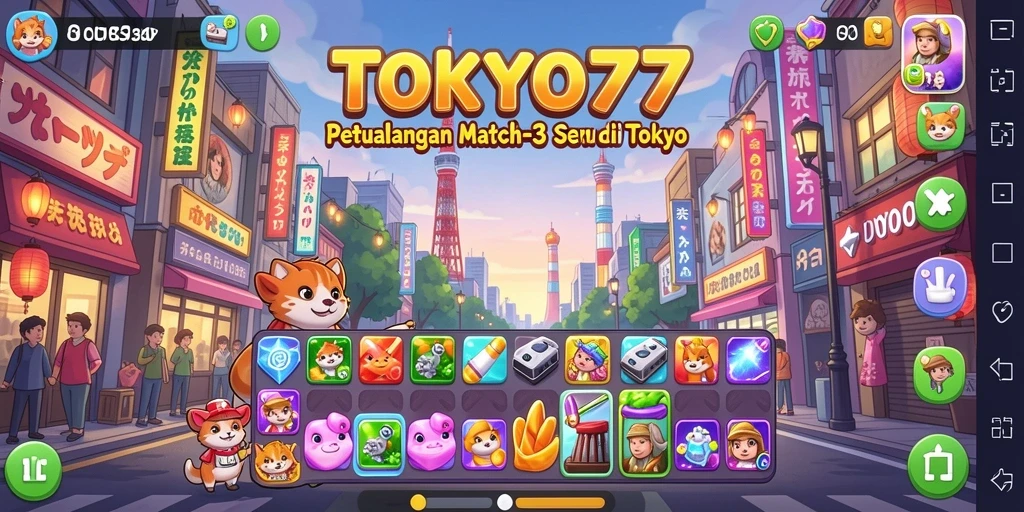 Tangkapan layar dari gameplay <strong>TOKYO77</strong> yang menampilkan suasana match-3 yang mendebarkan.