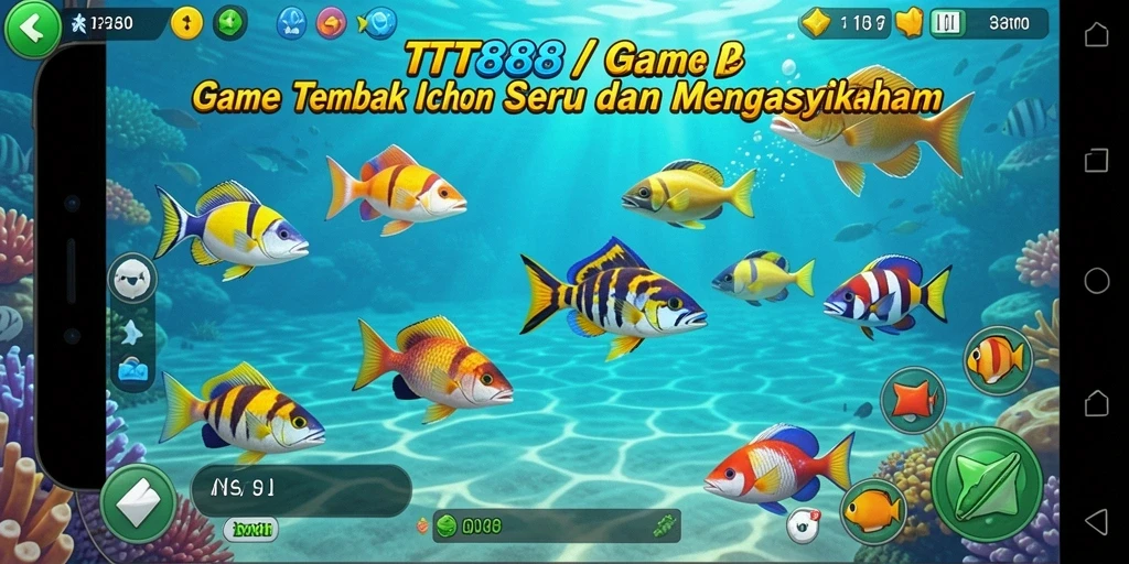 Gameplay TTT888 menunjukkan aksi menembak ikan yang seru dan penuh warna.